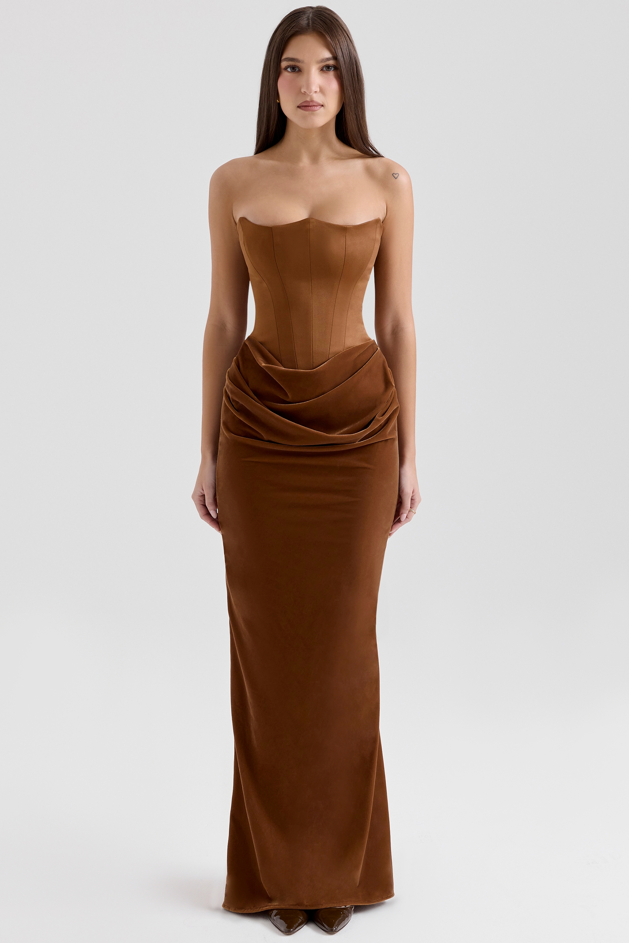 Persephone-Toffee Velvet Strapless Corset Maxi Dress