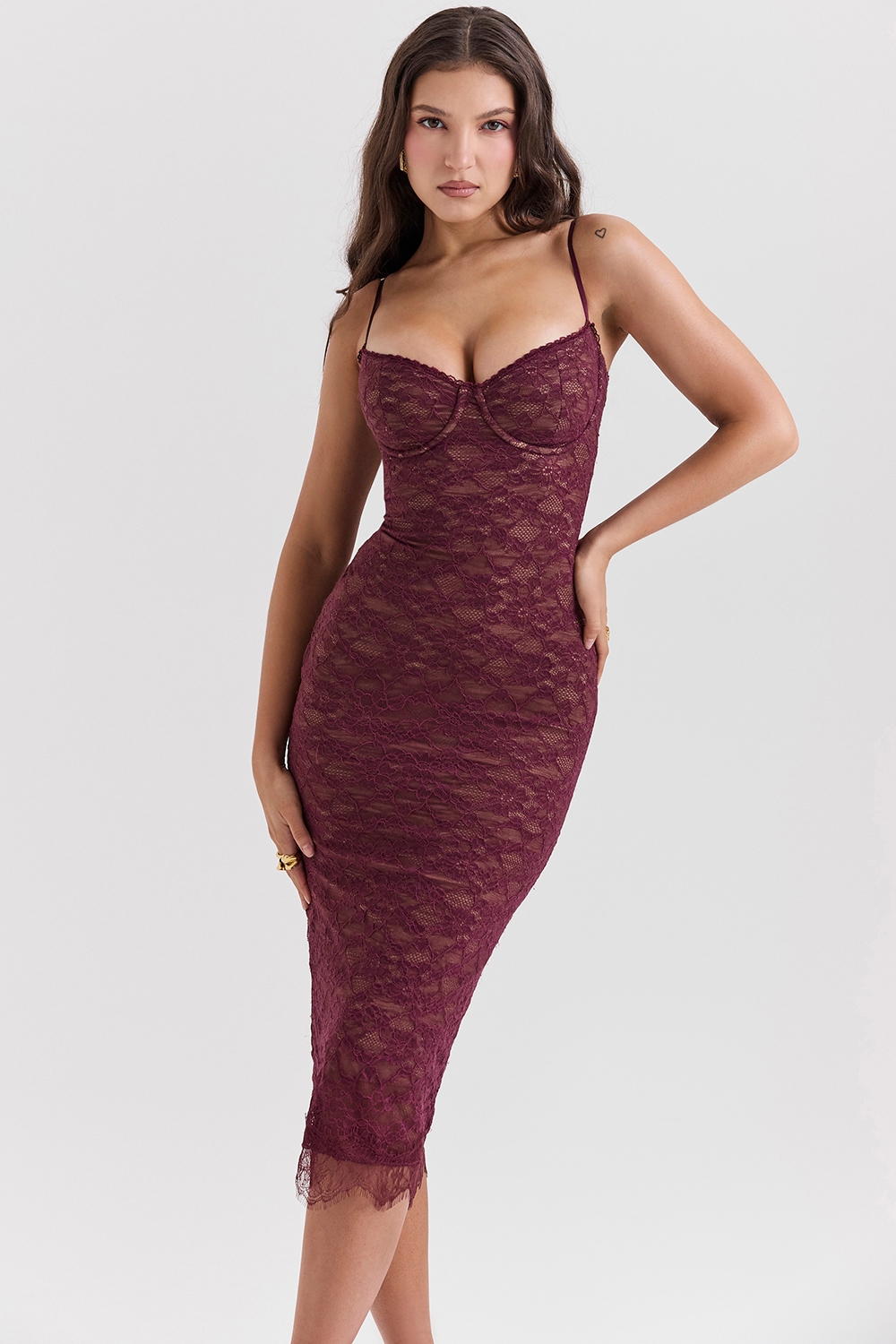 Melina-Mulberry Lace Midi Dress