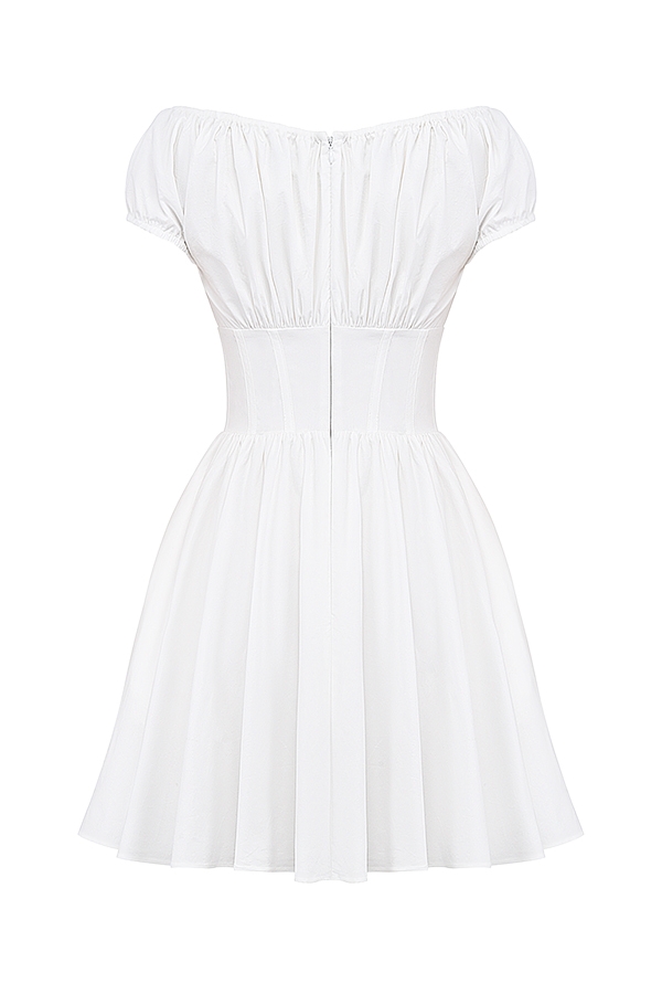 Nala-White Cotton Gathered Mini Dress