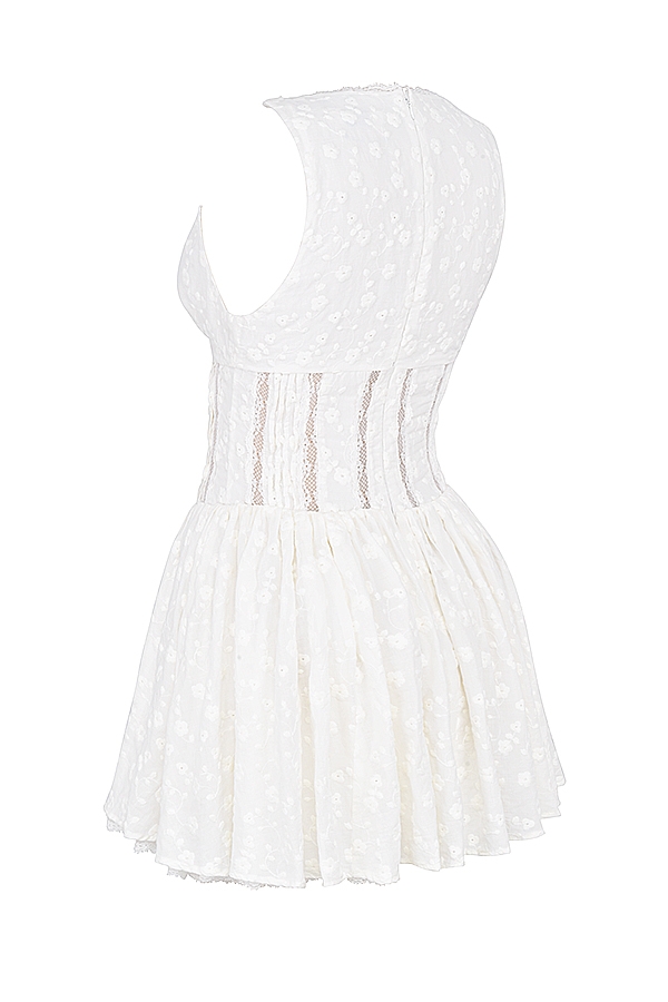 Sarita-White Cotton Broderie Anglais Plunge Mini Dress