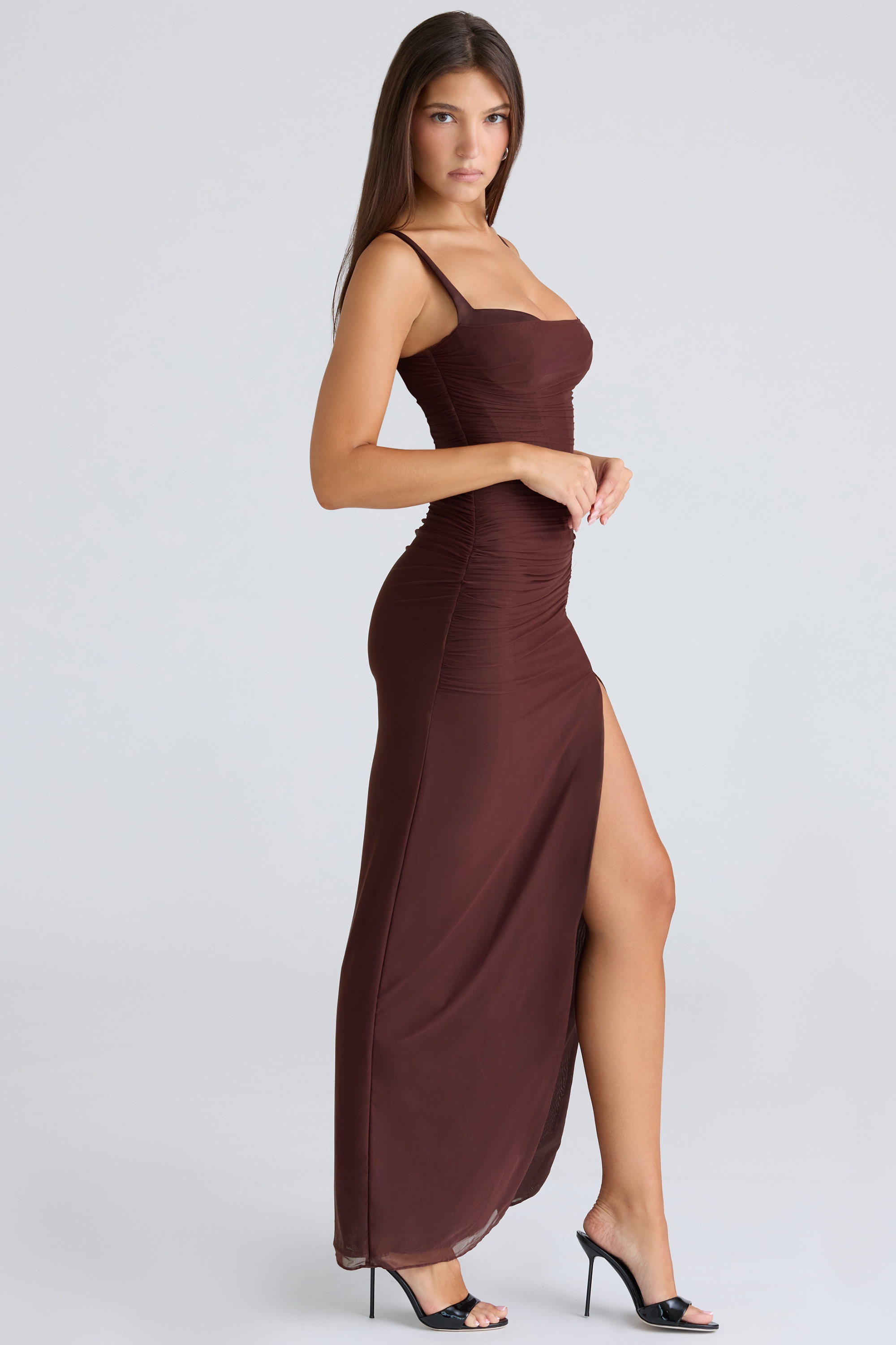 Lini-Burgundy Stretch Mesh Maxi Dress