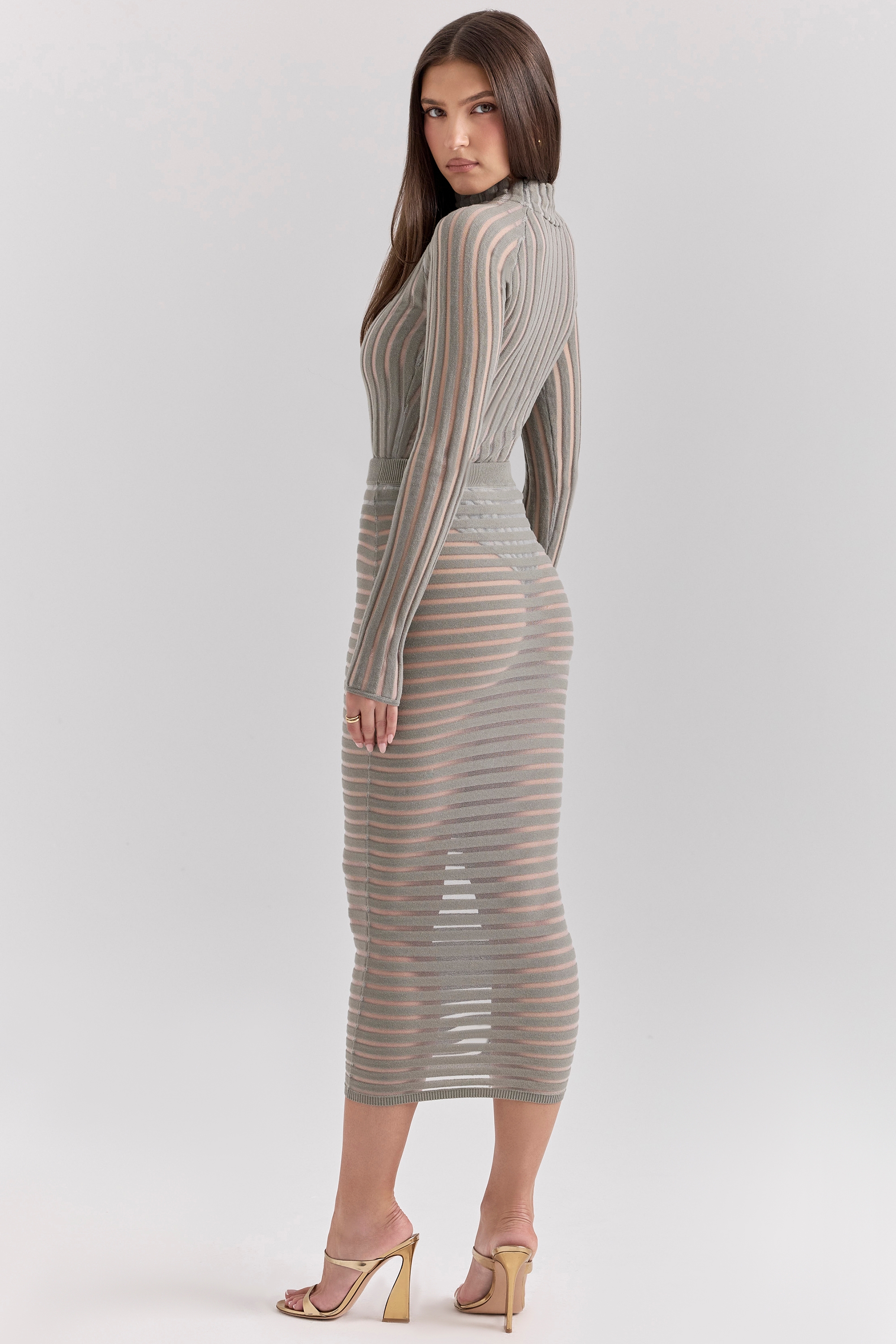 Margo-Grey Velour Sheer Striped Midi Skirt