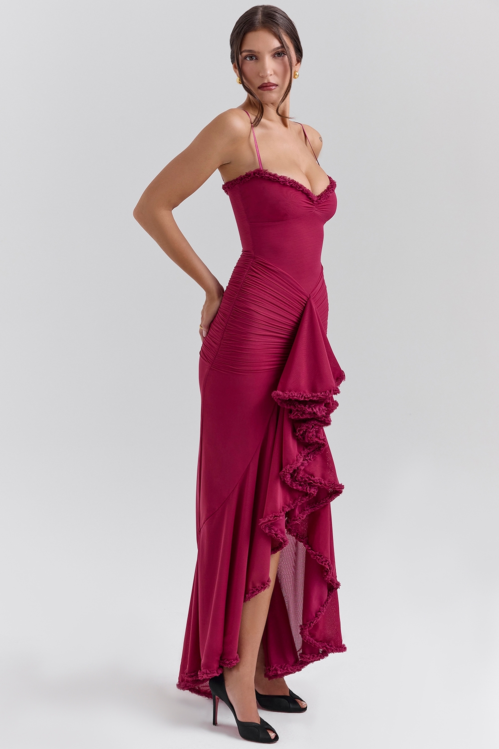 Gabbi-Wine Ruffled Front Gown