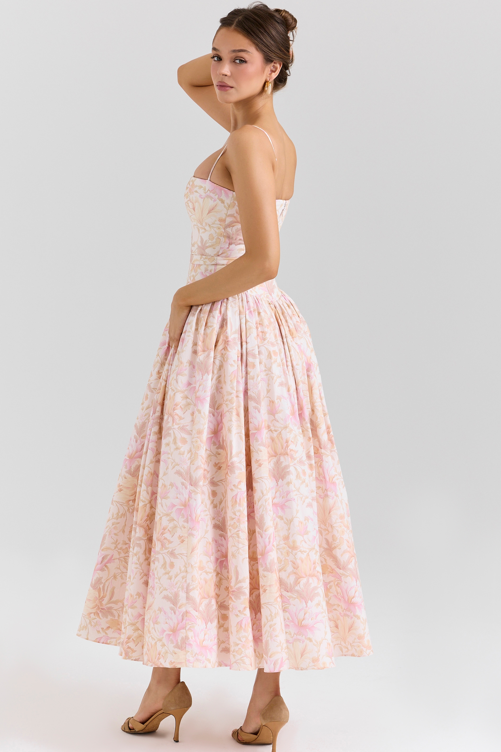 Ysabella-Peach Floral Print Stretch Cotton Midi Sundress