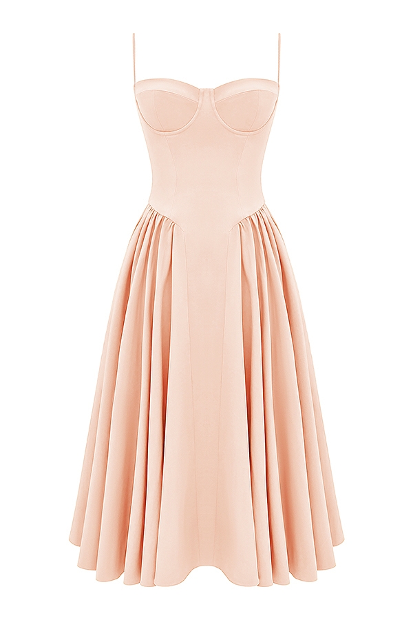 Samaria-Peach Parfait Twill Corset Midi Dress