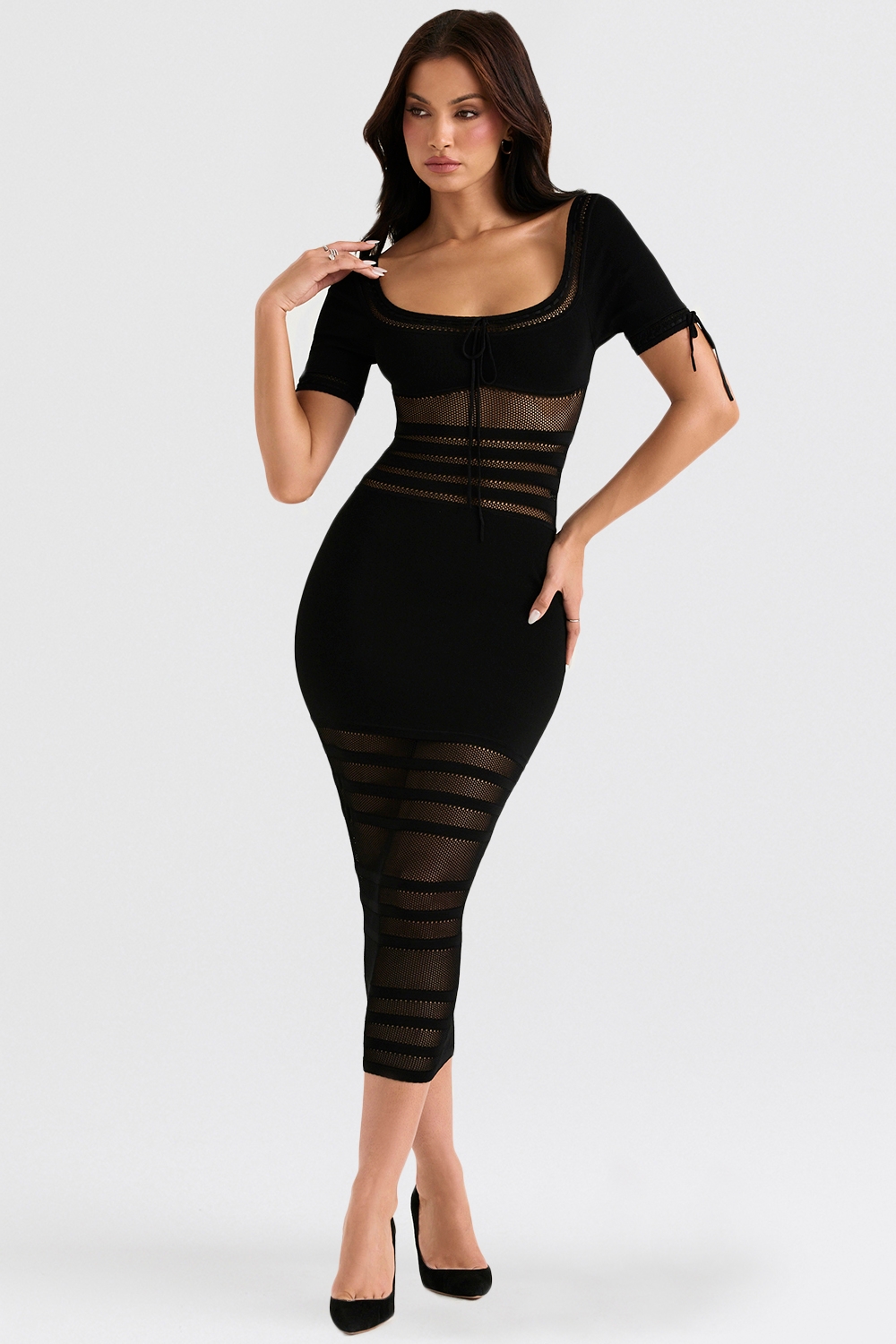 Lilla-Black Openwork Knit Midi Dress