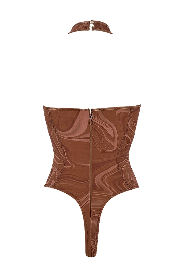 Sabine-Cocoa Swirl Print Halter Bodysuit