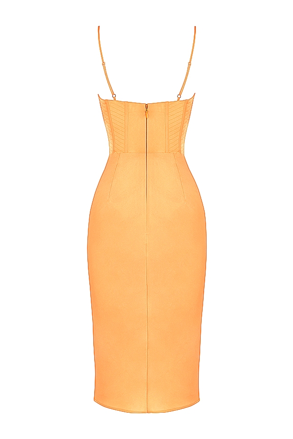 Myrna-Tangerine Satin Corset Midi Dress