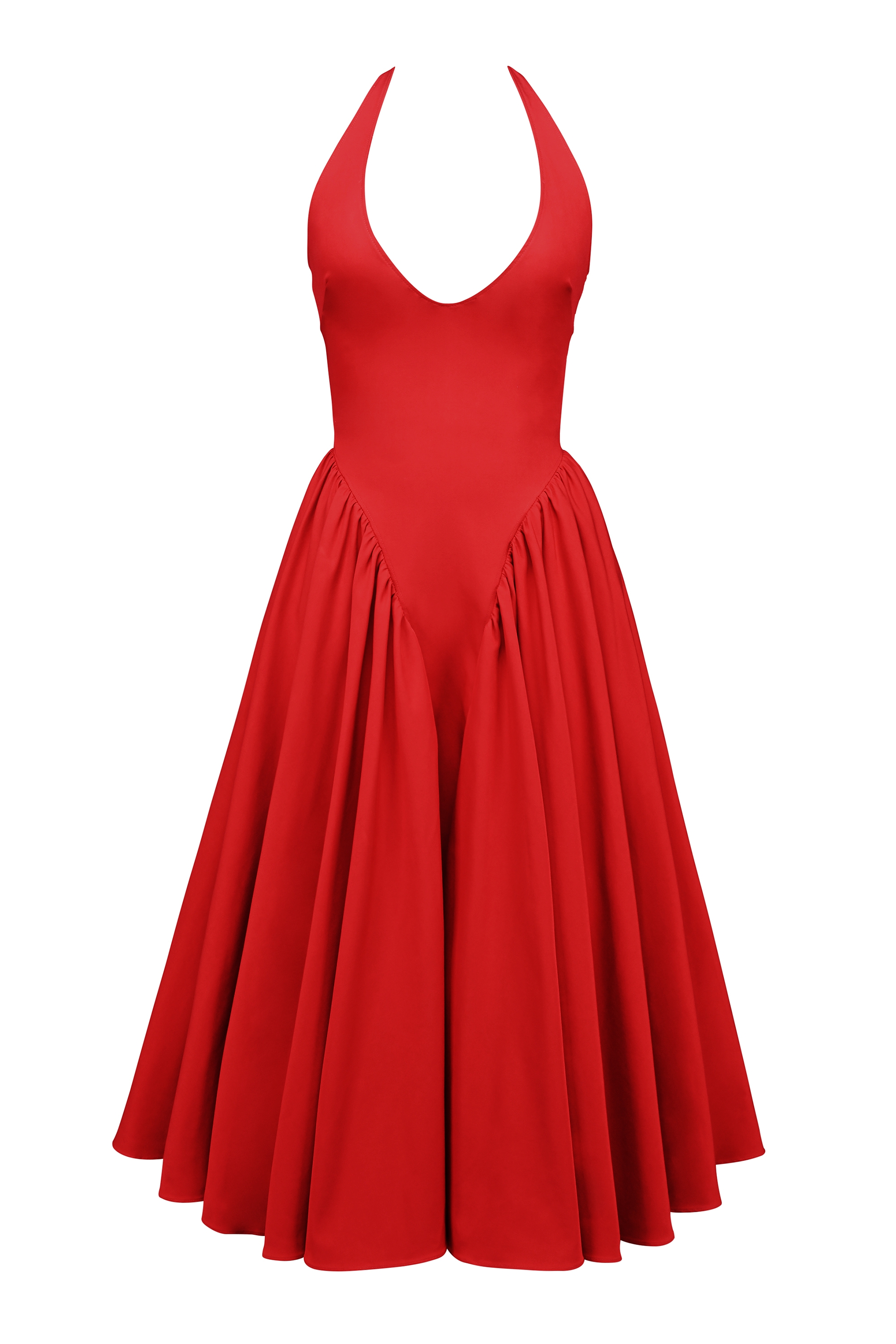 Marilyn-Red Twill Halter Midi Dress
