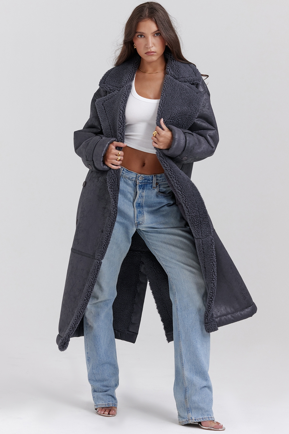 Deiji-Grey Vegan Shearling Coat