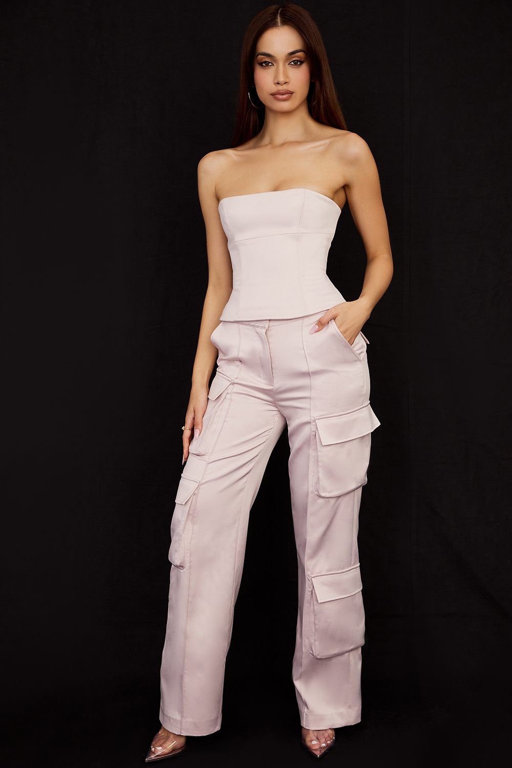 Daria-Crystal Satin Straight Leg Cargo Trousers