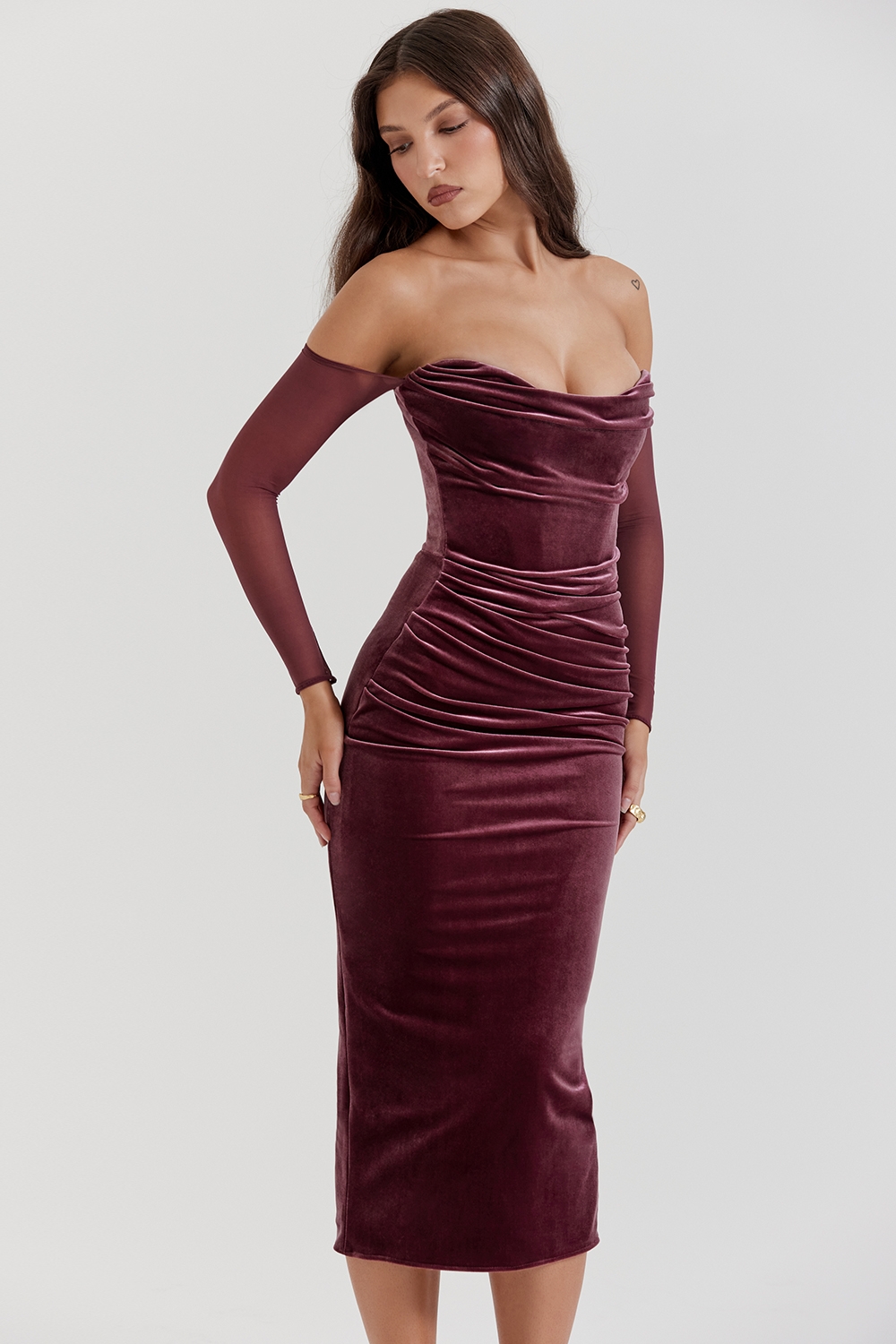 Leora-Mulberry Strapless Midi Dress