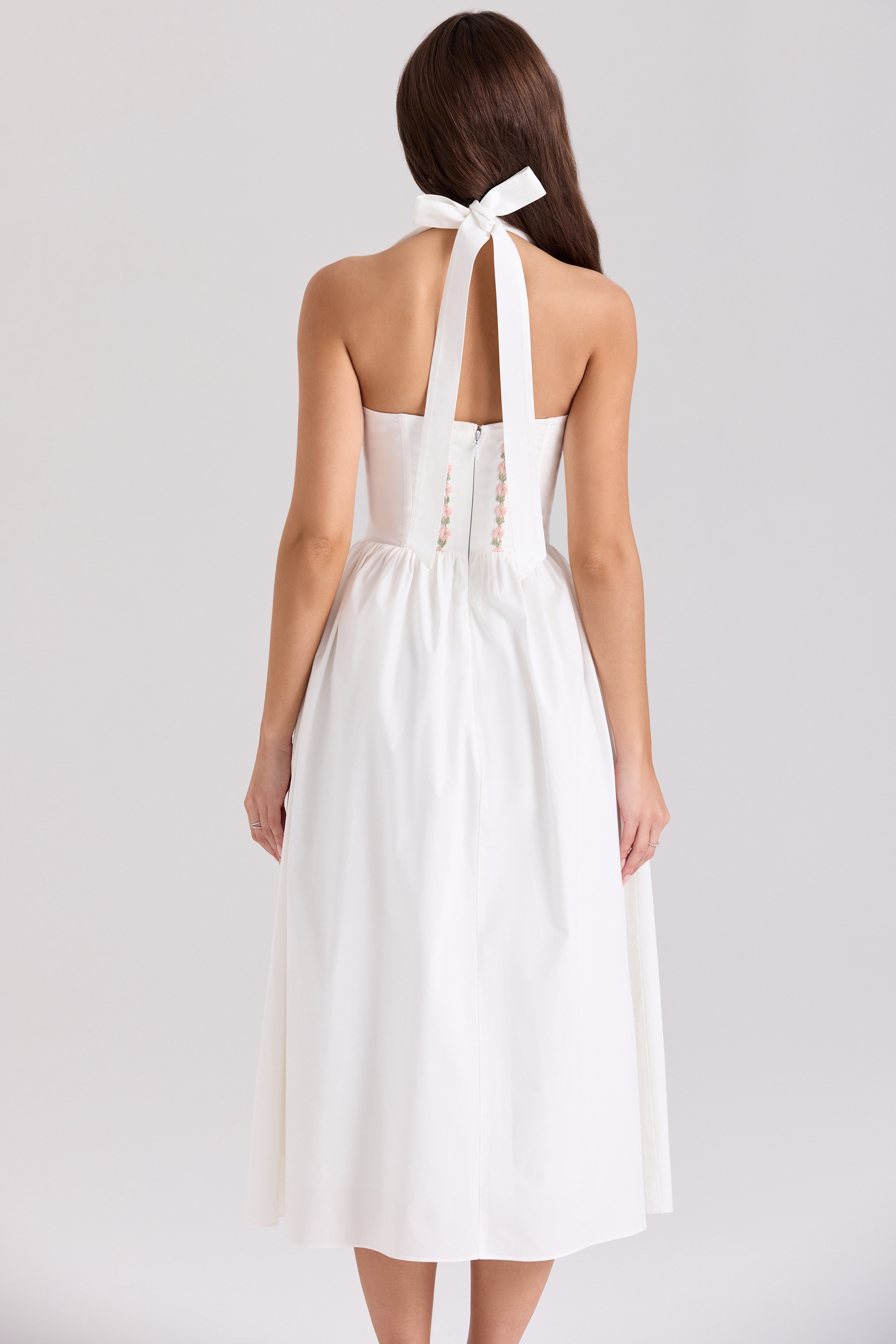 Emilia-White Cotton Halter Neck Midi Dress