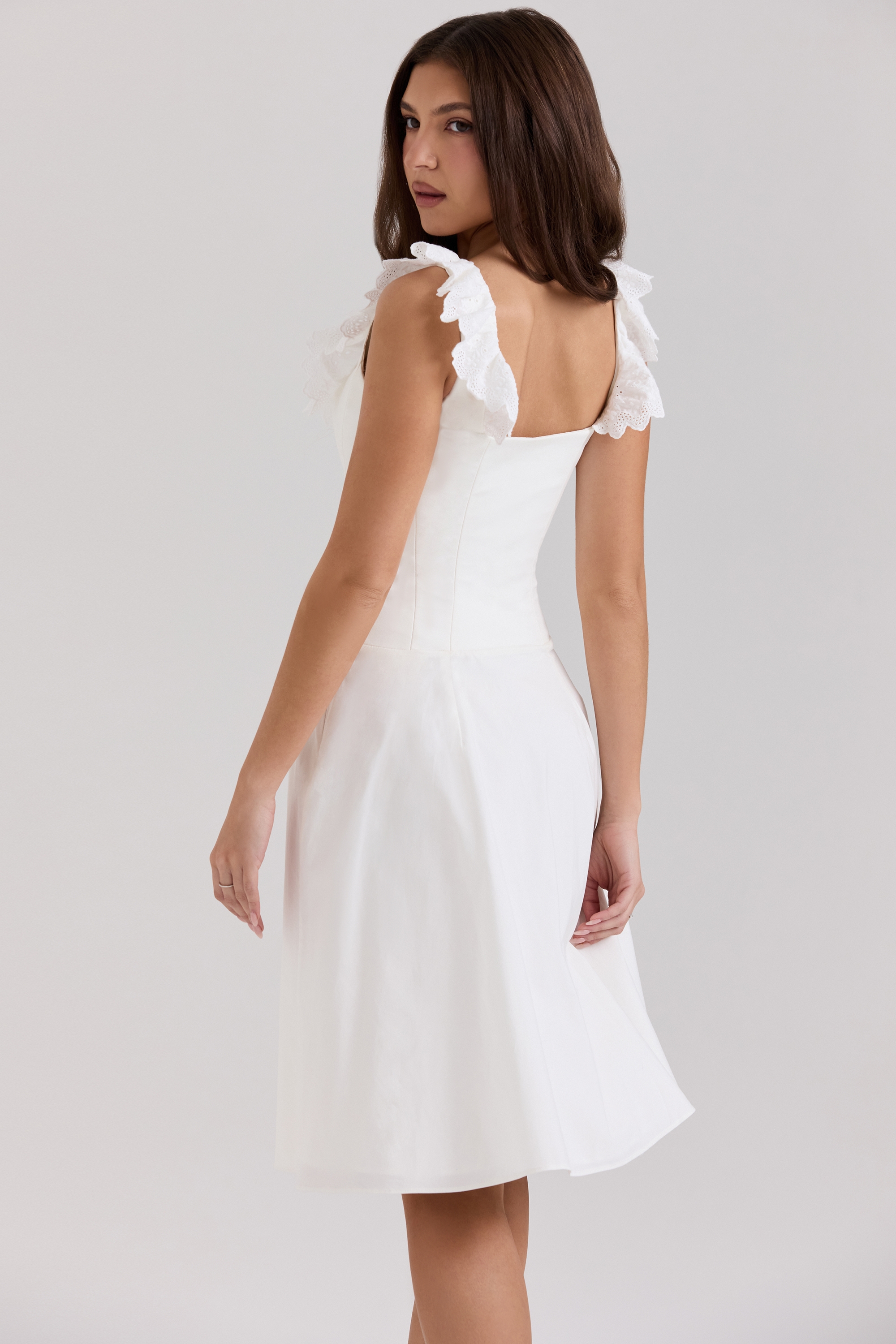 Mathilde-White Cotton Broderie Anglaise Trim Midi Dress