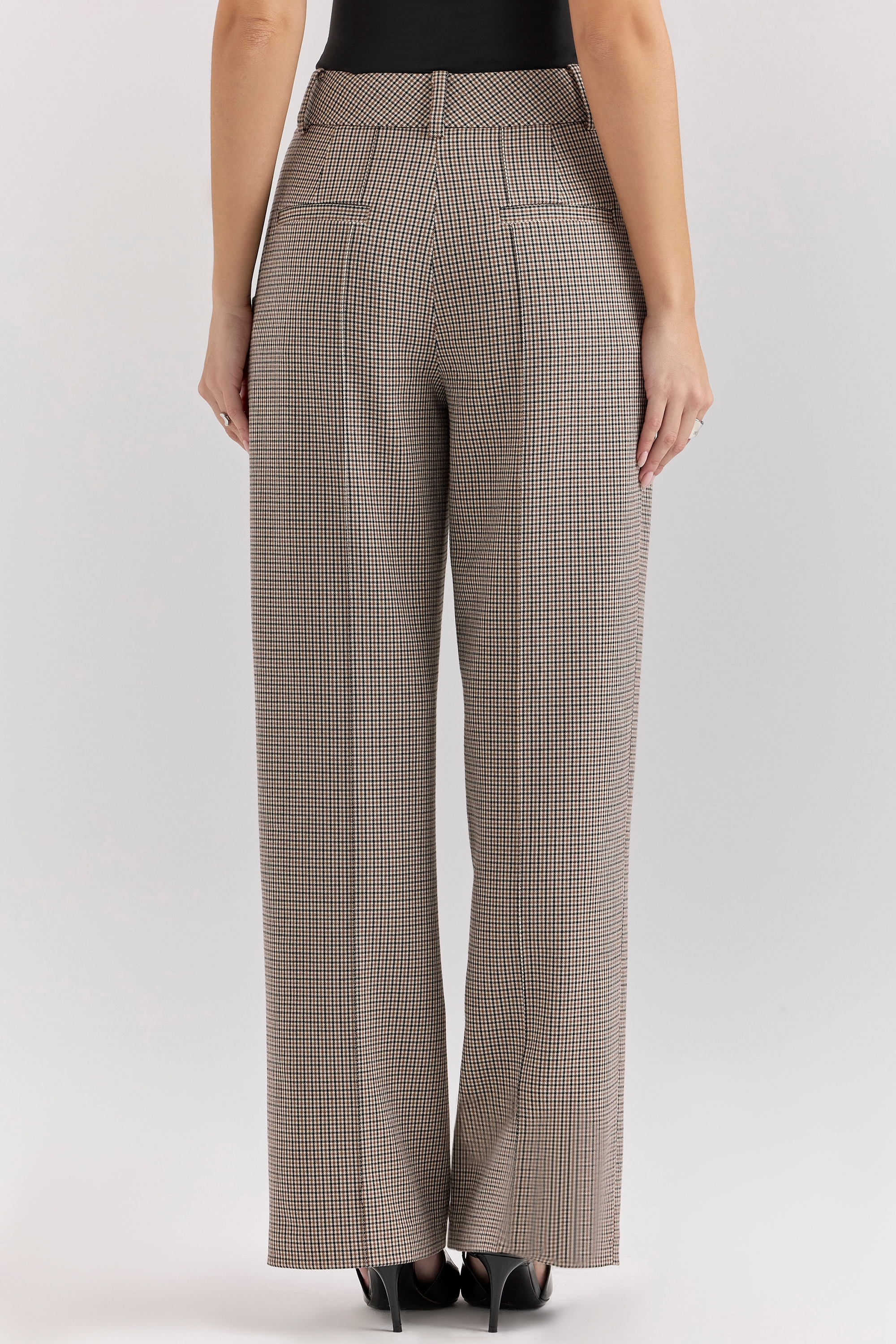 Hayden-Brown Puppytooth Wide Leg High Waist Tailored Trousers