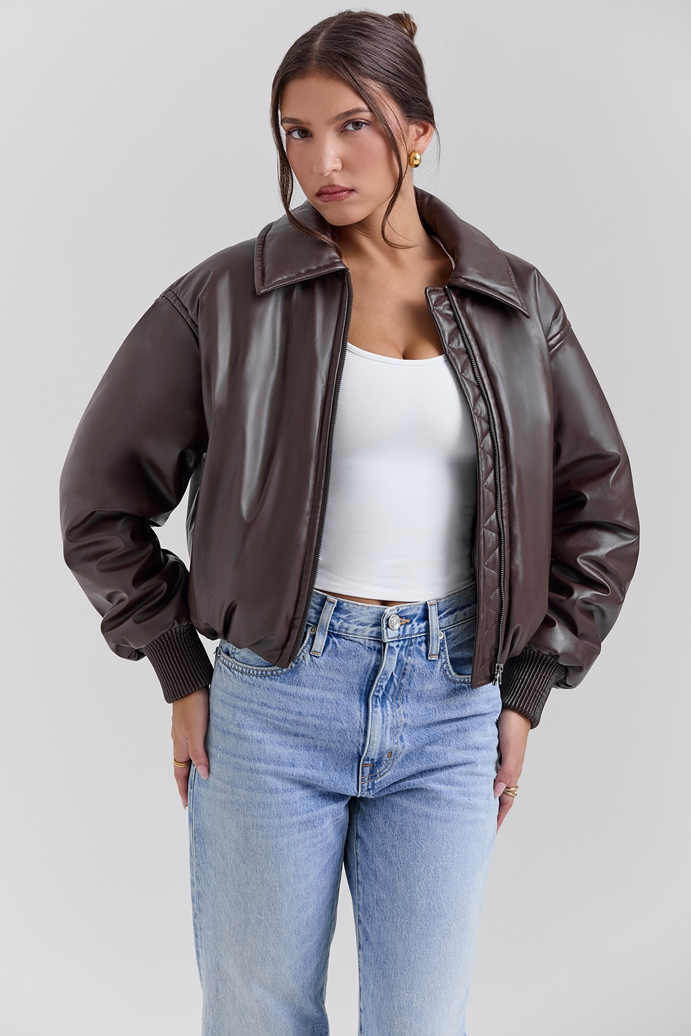 Sante-Dark Brown Vegan Leather Bomber Jacket