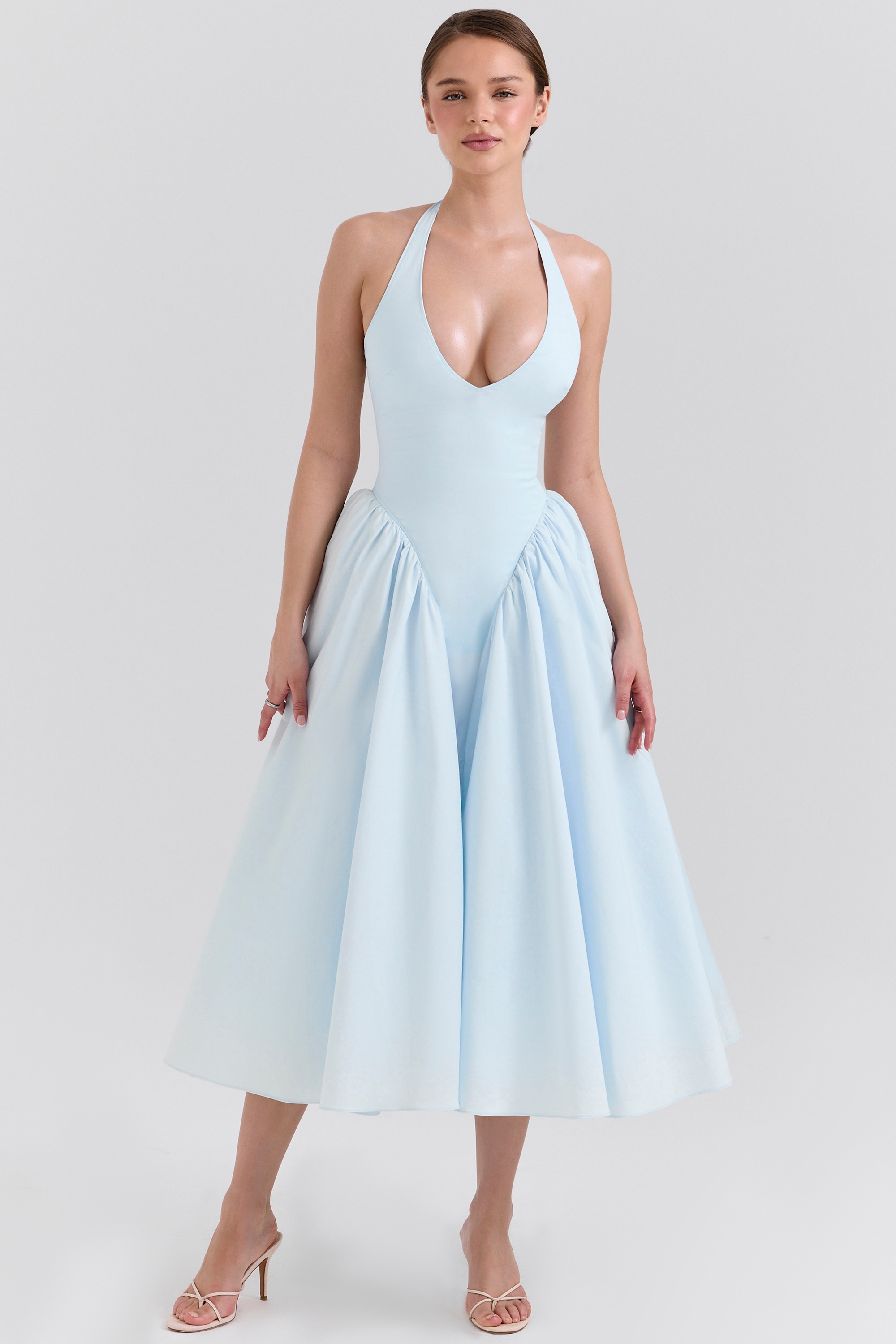 Marilyn-Soft Blue Cotton Twill Halter Midi Sundress