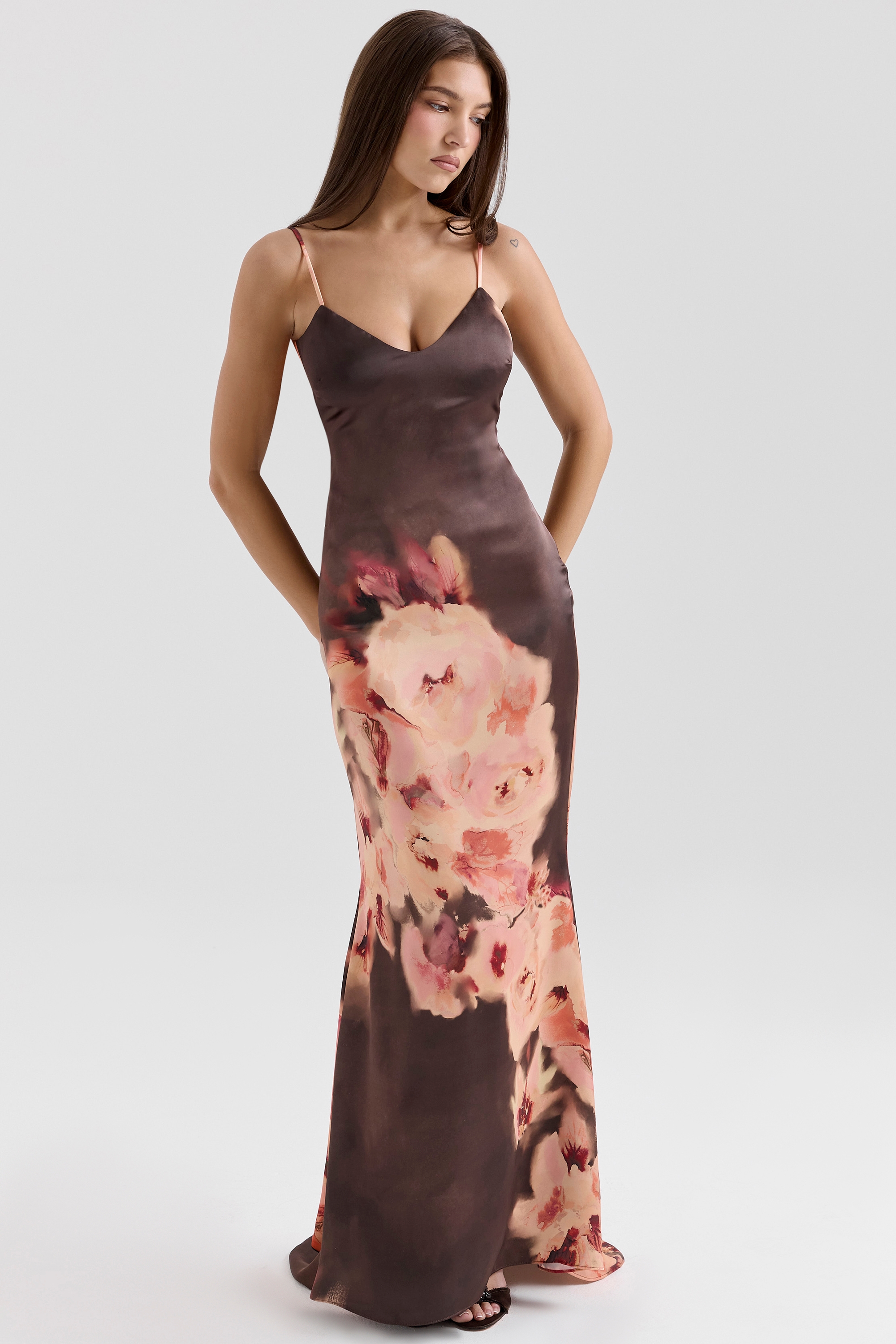 Mariamma-Dark Brown Floral Printed Satin Maxi Dress