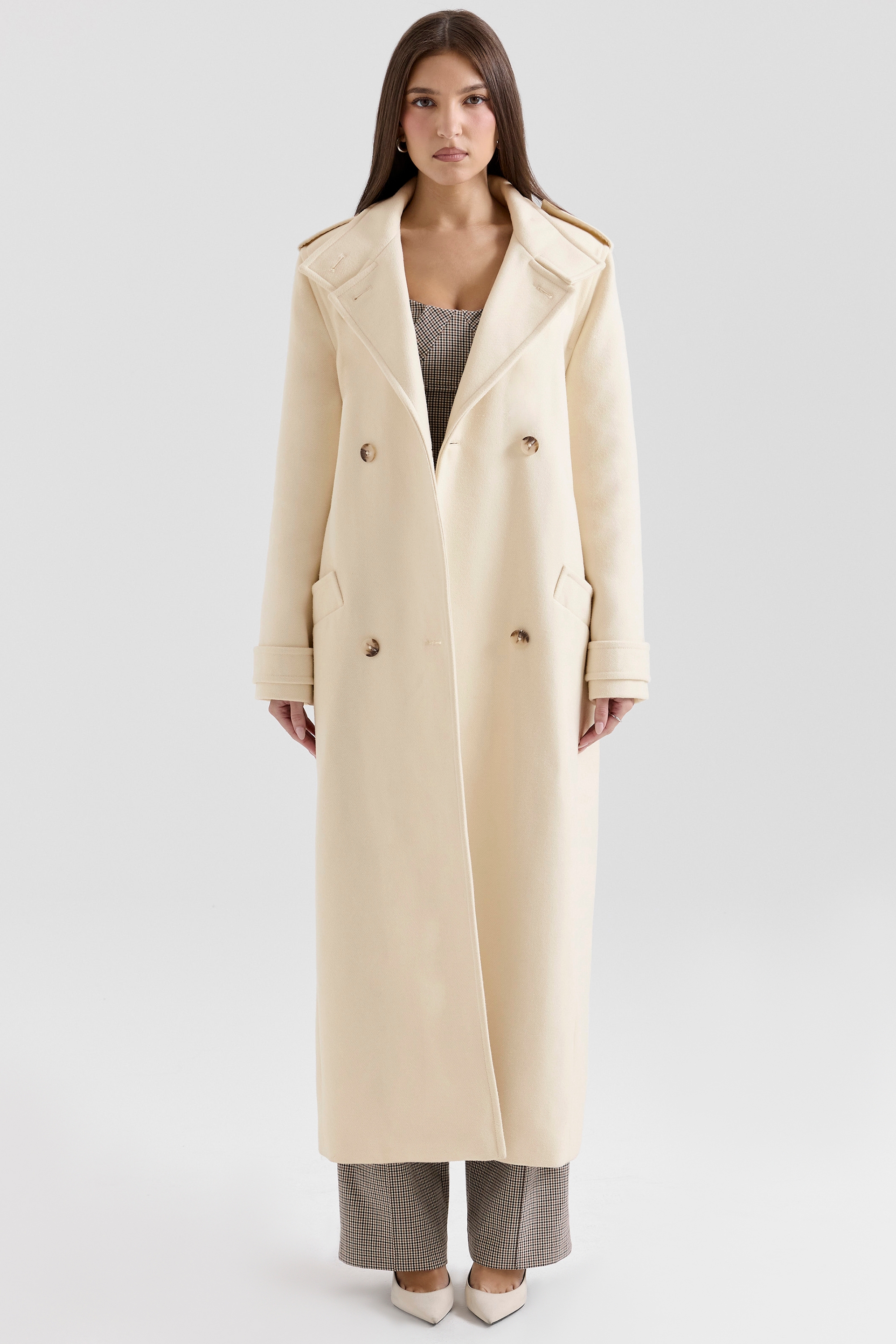Sander-Cream Double Breasted Funnel Neck Coat