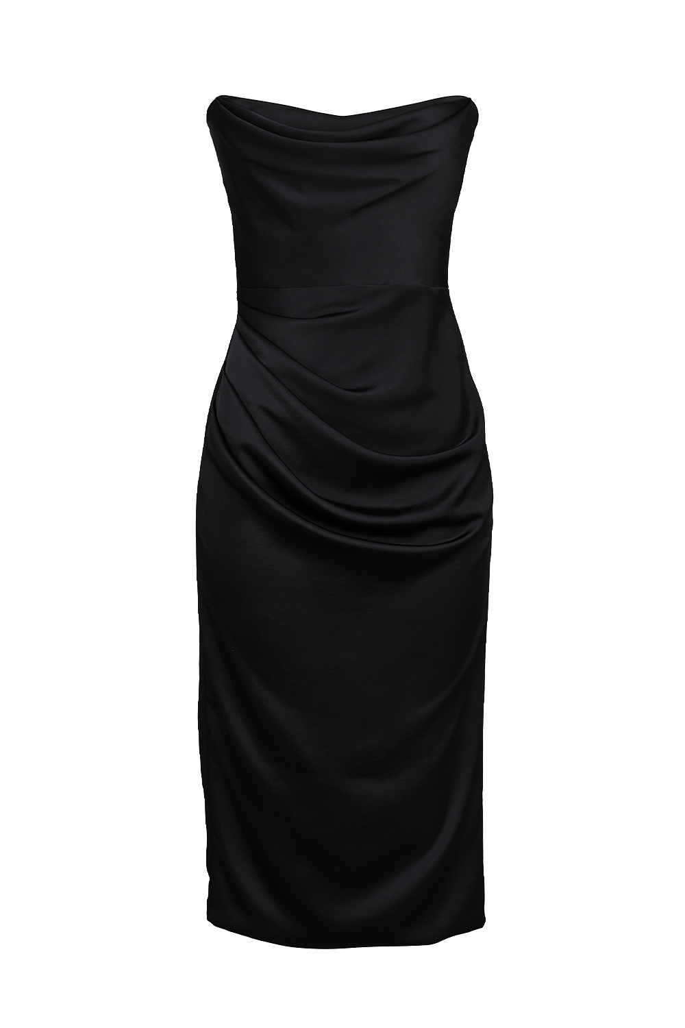 Santana-Black Satin Strapless Midi Dress