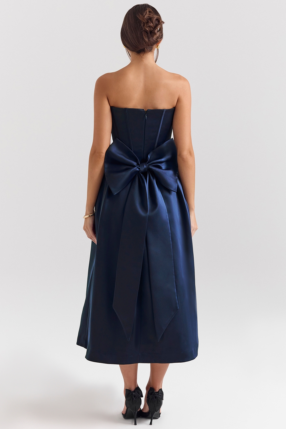 Bellina-Midnight Blue Strapless Detachable Bow Midi Dress