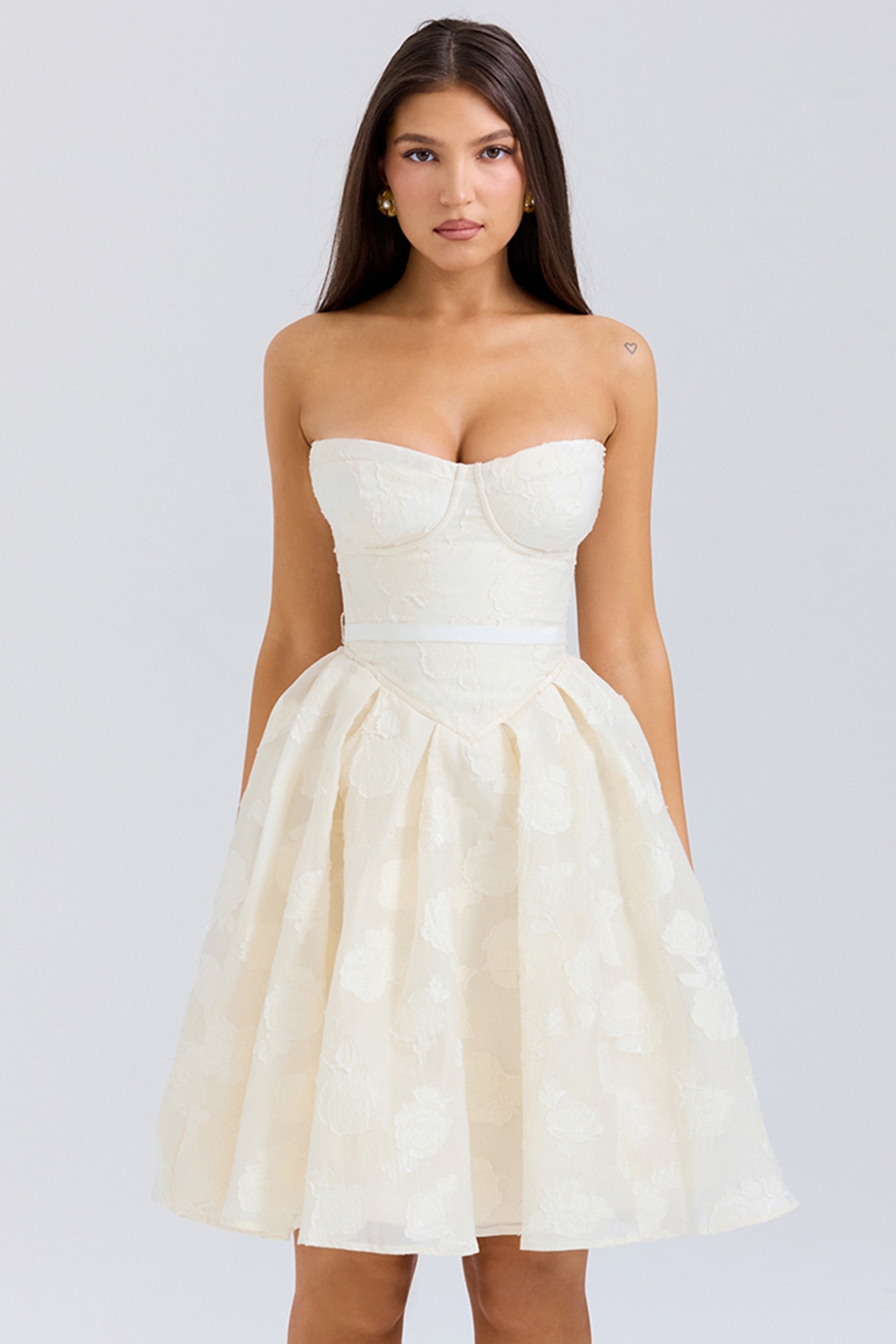 Saige-Vintage Cream Floral Strapless Mini Dress