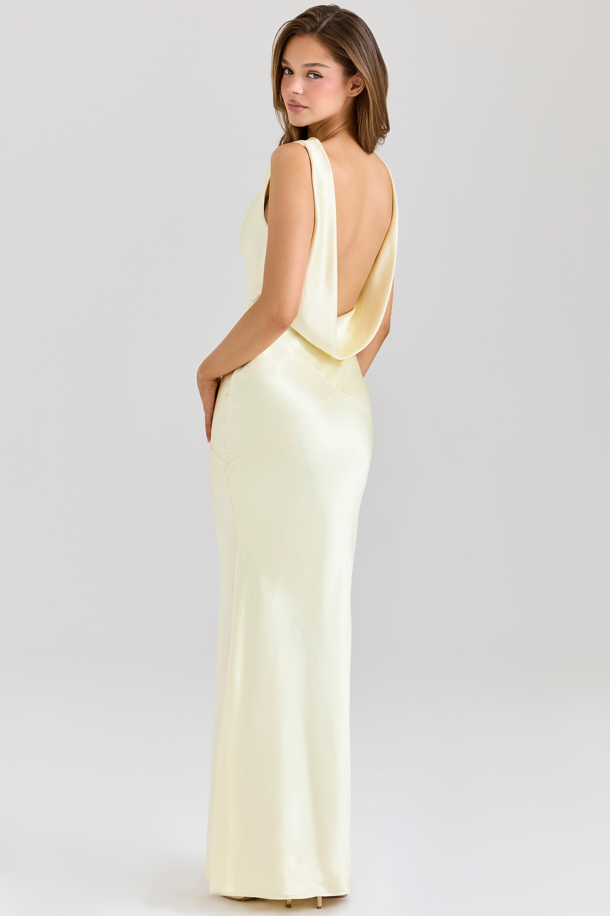 Safaira-Buttermilk Satin Draped Cowl Neck Maxi Dress