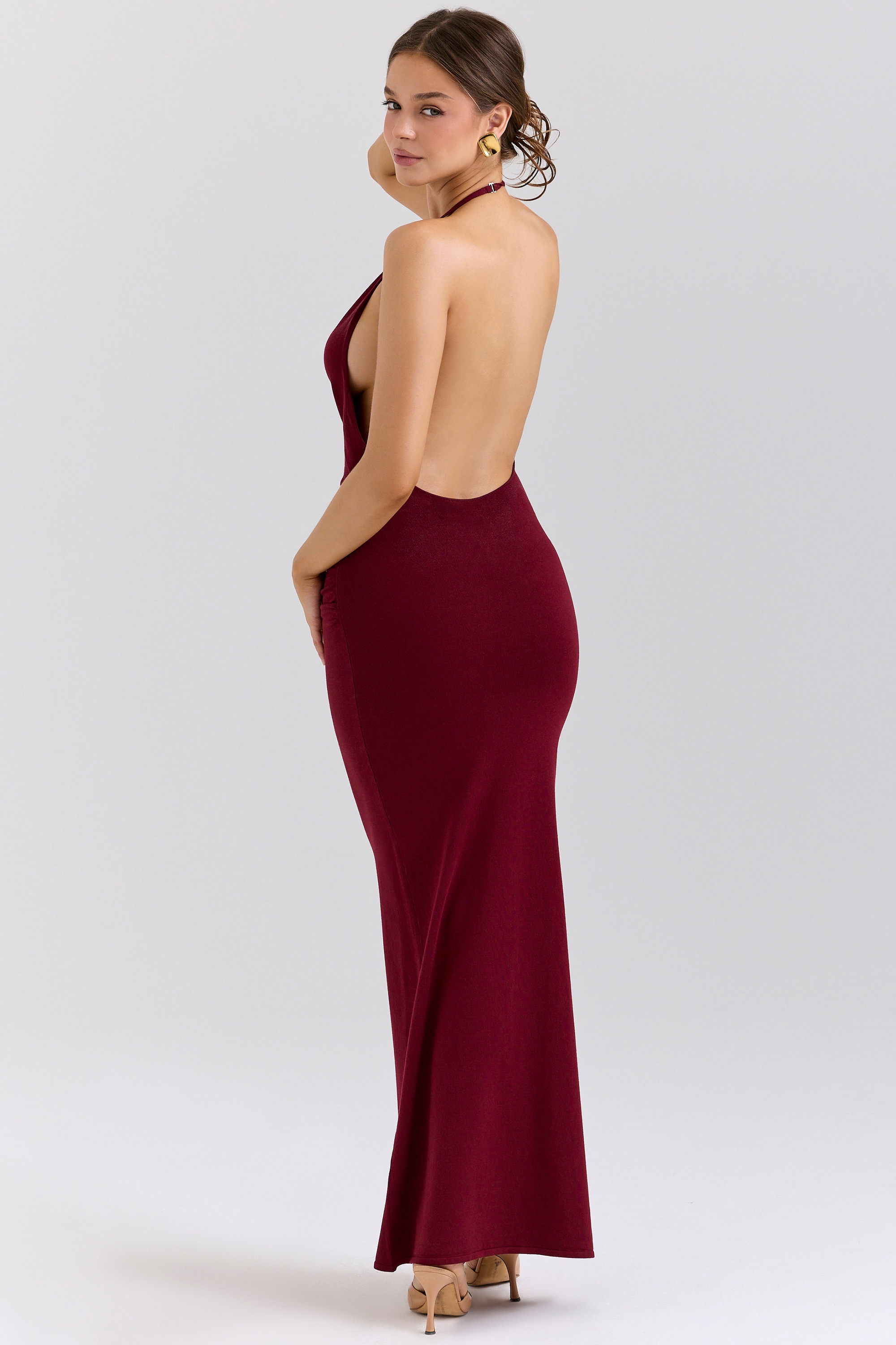 Thalina-Wine Draped Halter Neck Knit Maxi Dress