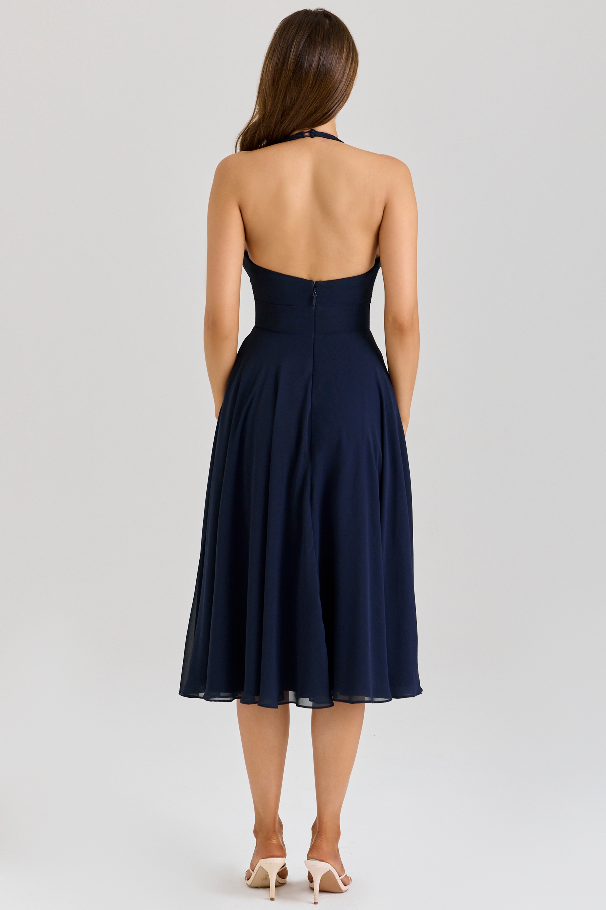 Solada-Navy Georgette Halter Midi Dress