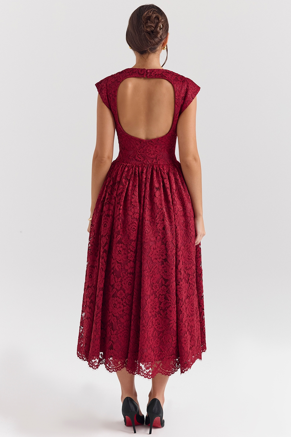 Debutante-Berry Lace Backless Midi Dress