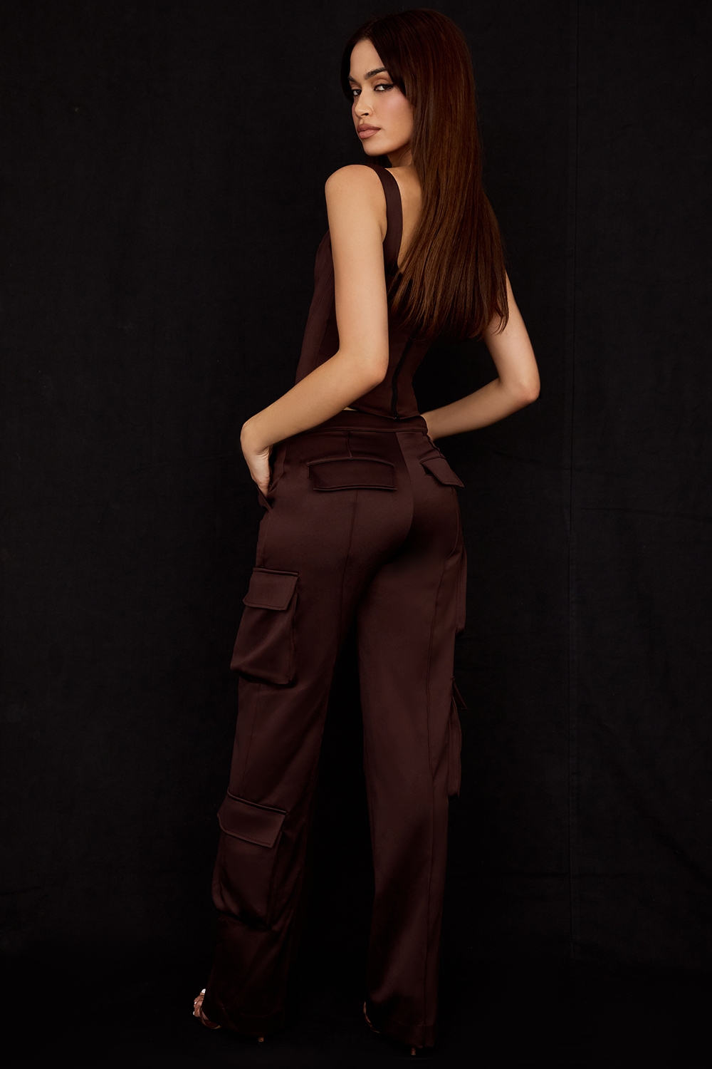 Daria-Chocolate Satin Cargo Trousers