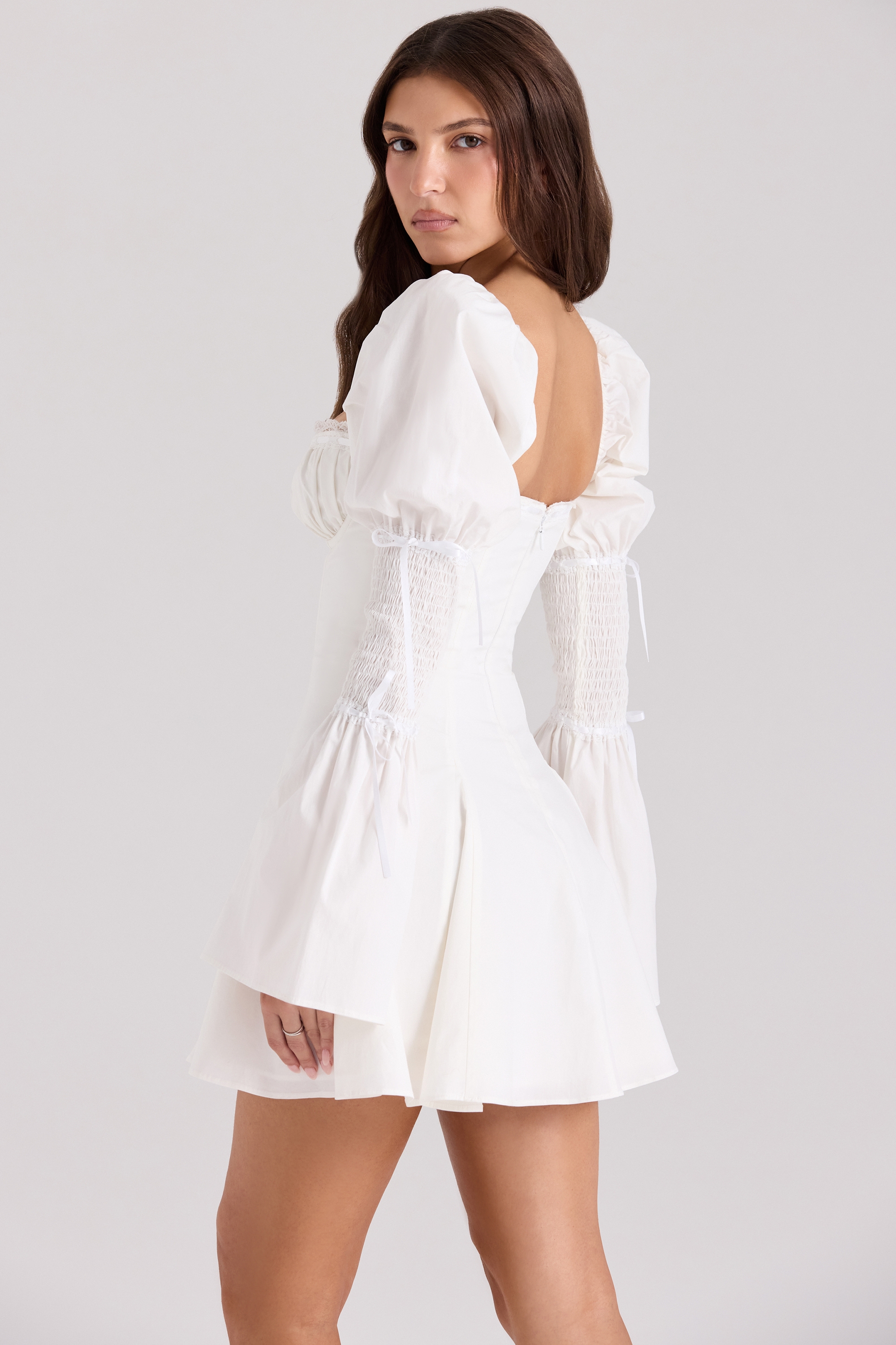 Ellerie-White Cotton Flute Sleeve Mini Dress
