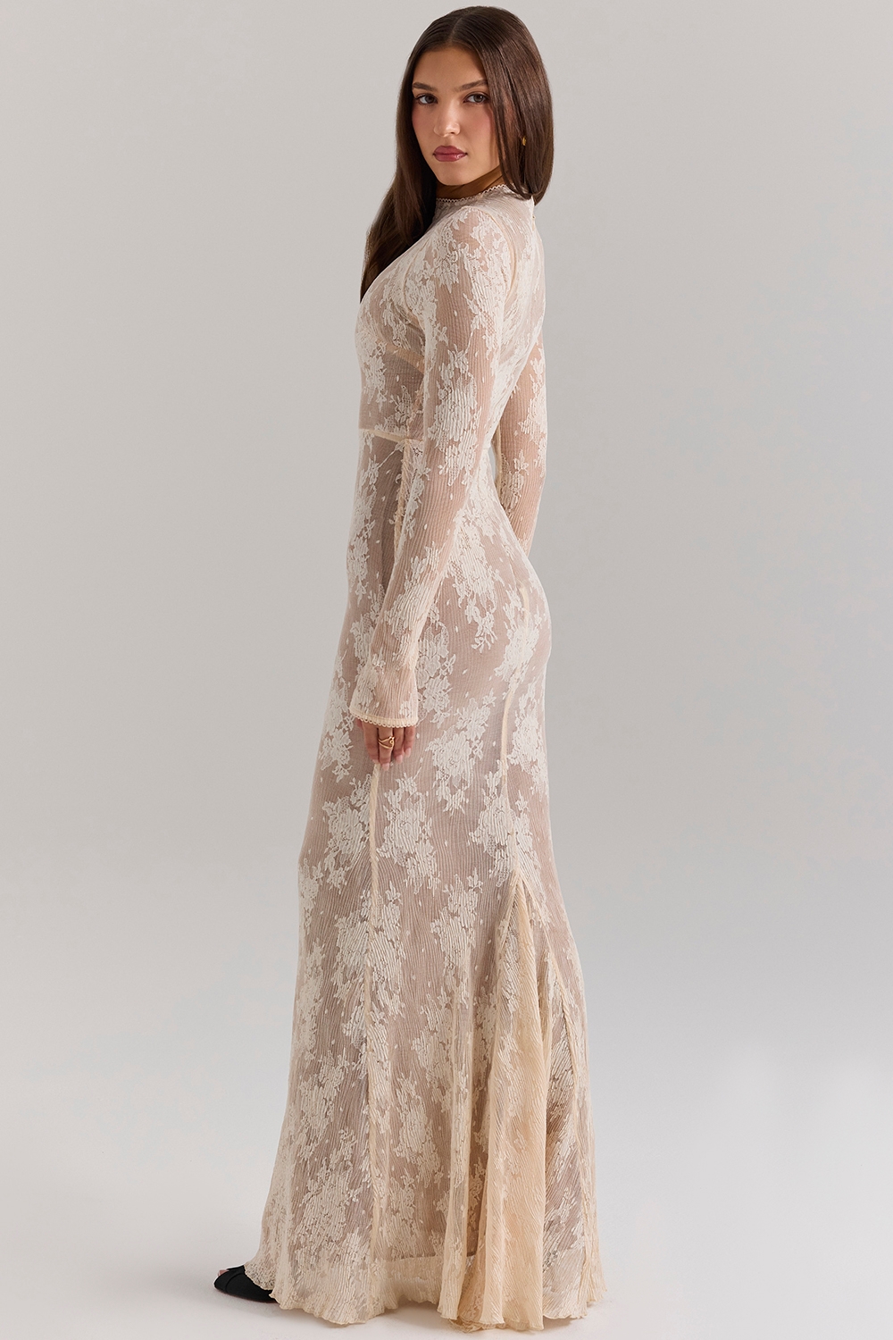 Isoline-Peach Lace Maxi Dress