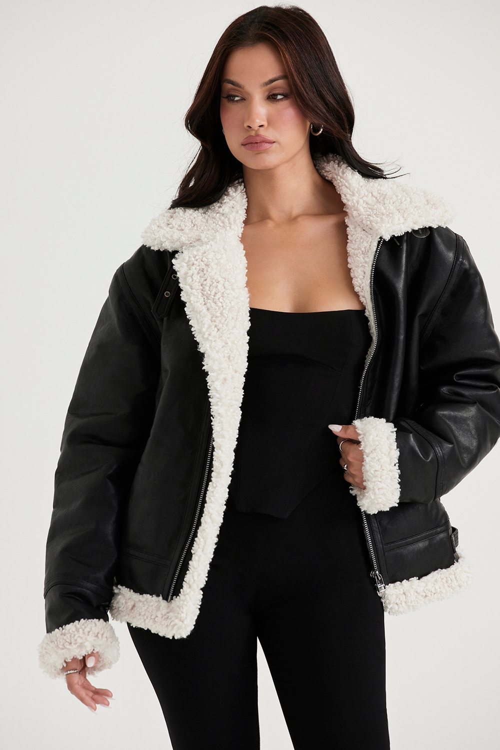 Madden-Black Vegan Shearling Aviator Jacket