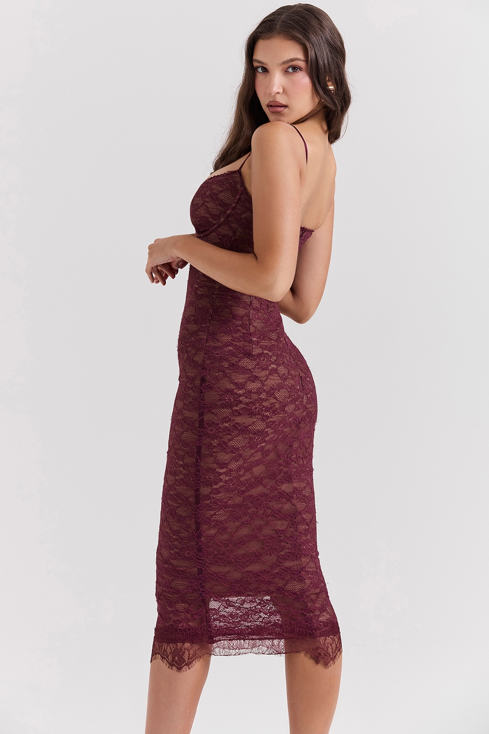 Melina-Mulberry Lace Midi Dress
