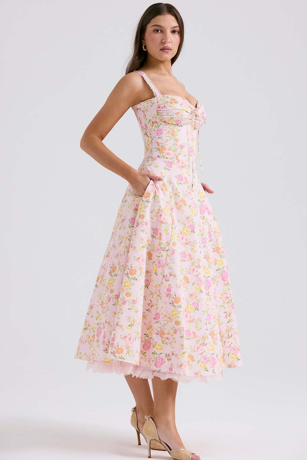Rosalee-Pink Meadow Print Cotton Bustier Sundress