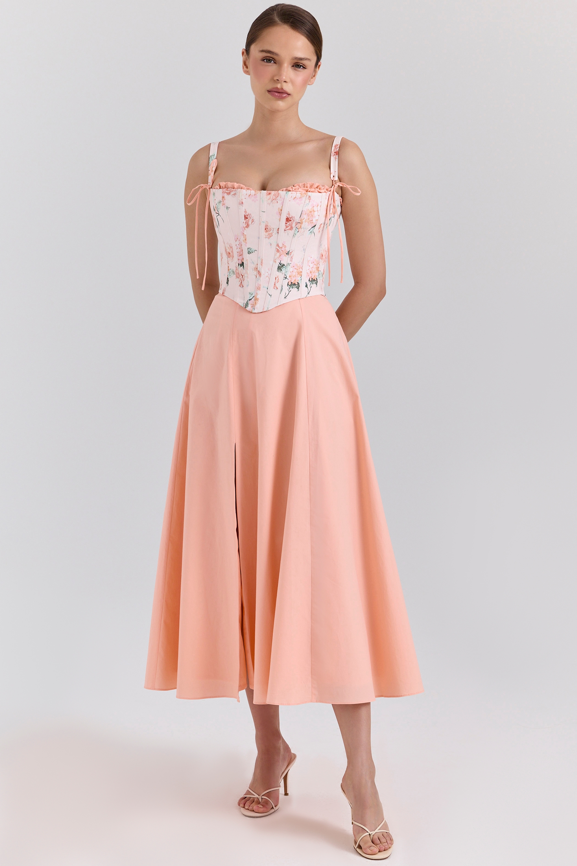 Clarabelle-Peach Cotton Detachable Corset Midi SunDress
