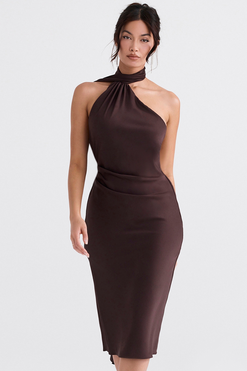 Angelina-Chocolate Wrap Neck Midi Dress