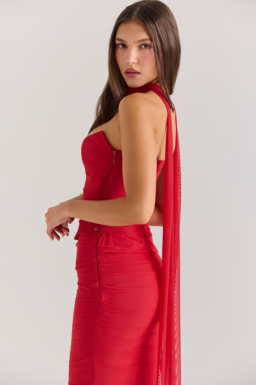 Hallie-Holly Red Strapless Corset Top with Detachable Neck Scarf