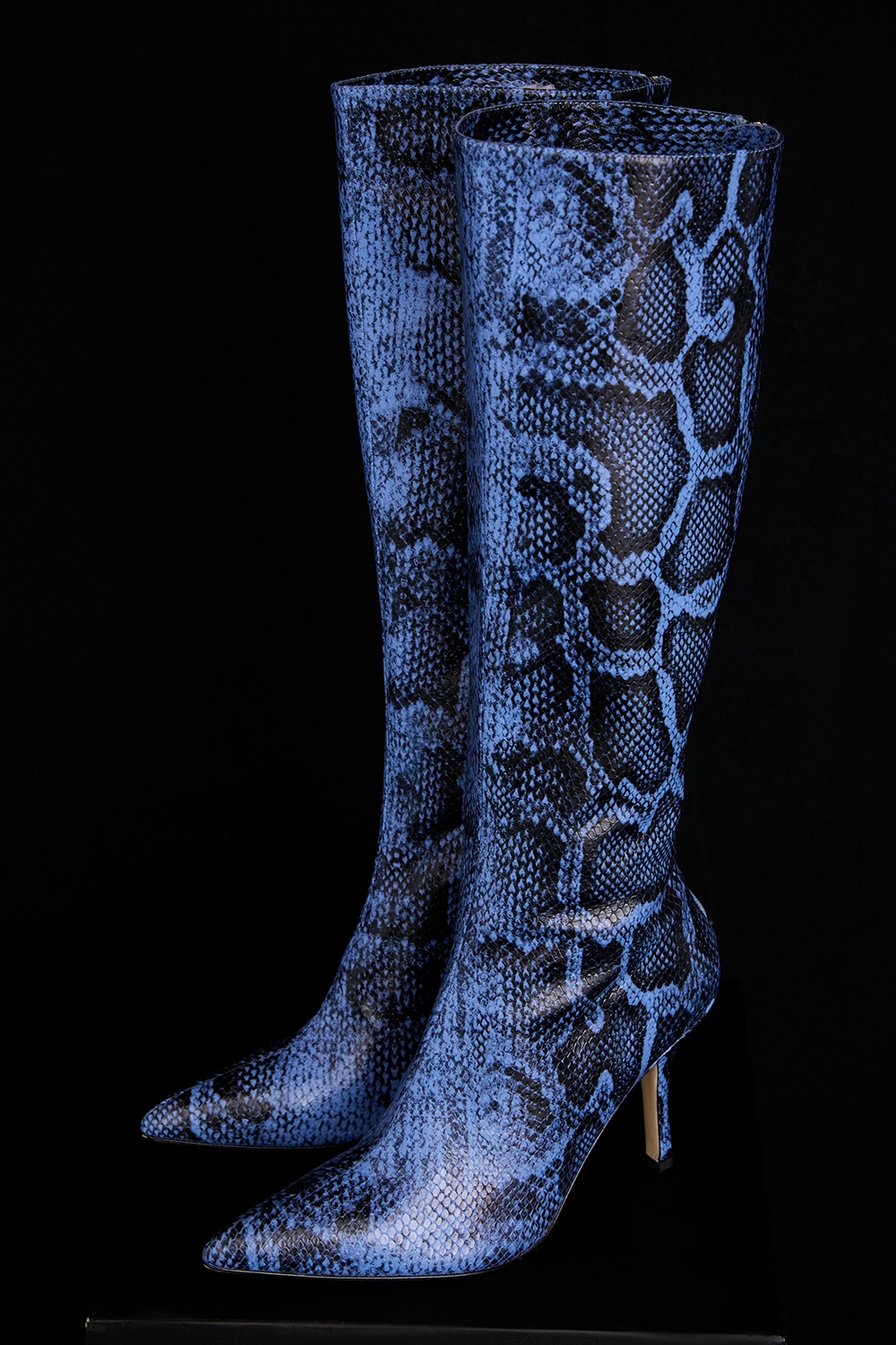 Royale-Blue Print Leather Knee High Boots - SALE