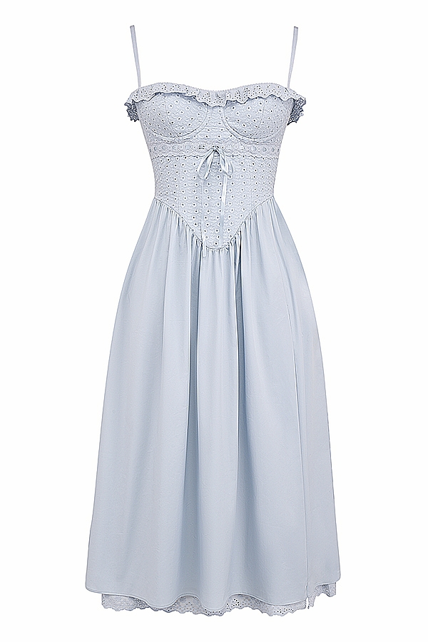 Jaime-Soft Blue Cotton Broderie Anglais Midi SunDress