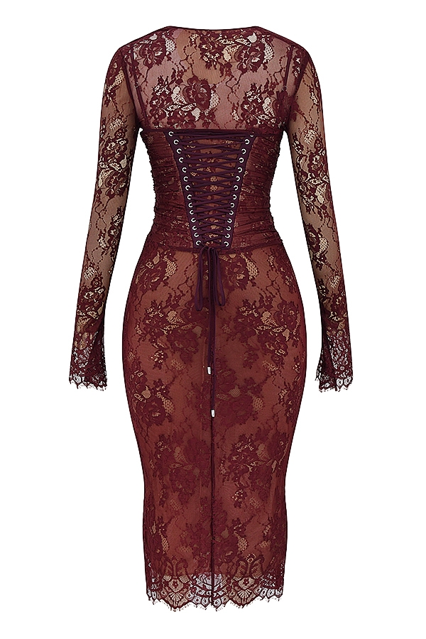 Gaia-Claret Lace Midi Dress