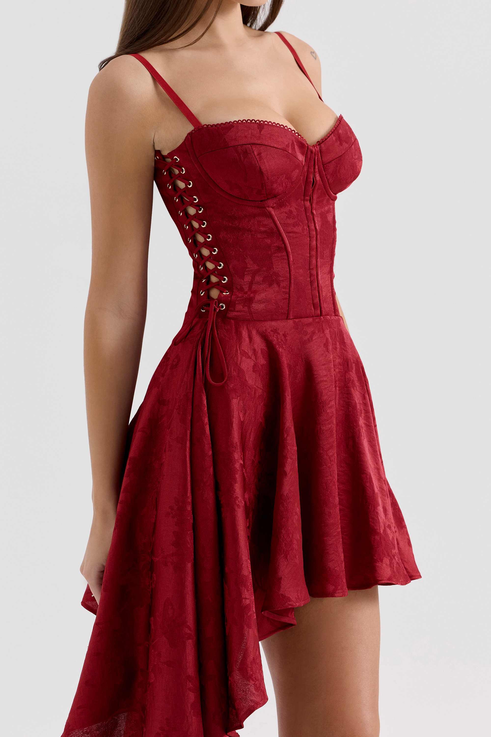 Lola-Wine Jacquard Satin Draped Mini Dress