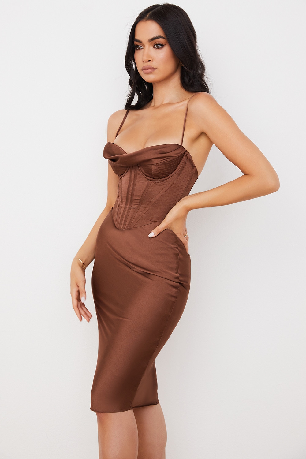 Myrna-Chocolate Satin Corset Slip Dress