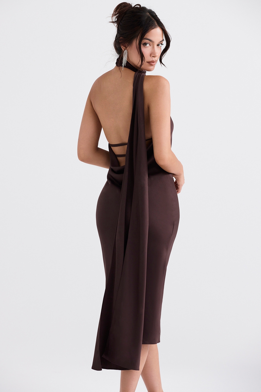 Angelina-Chocolate Wrap Neck Midi Dress