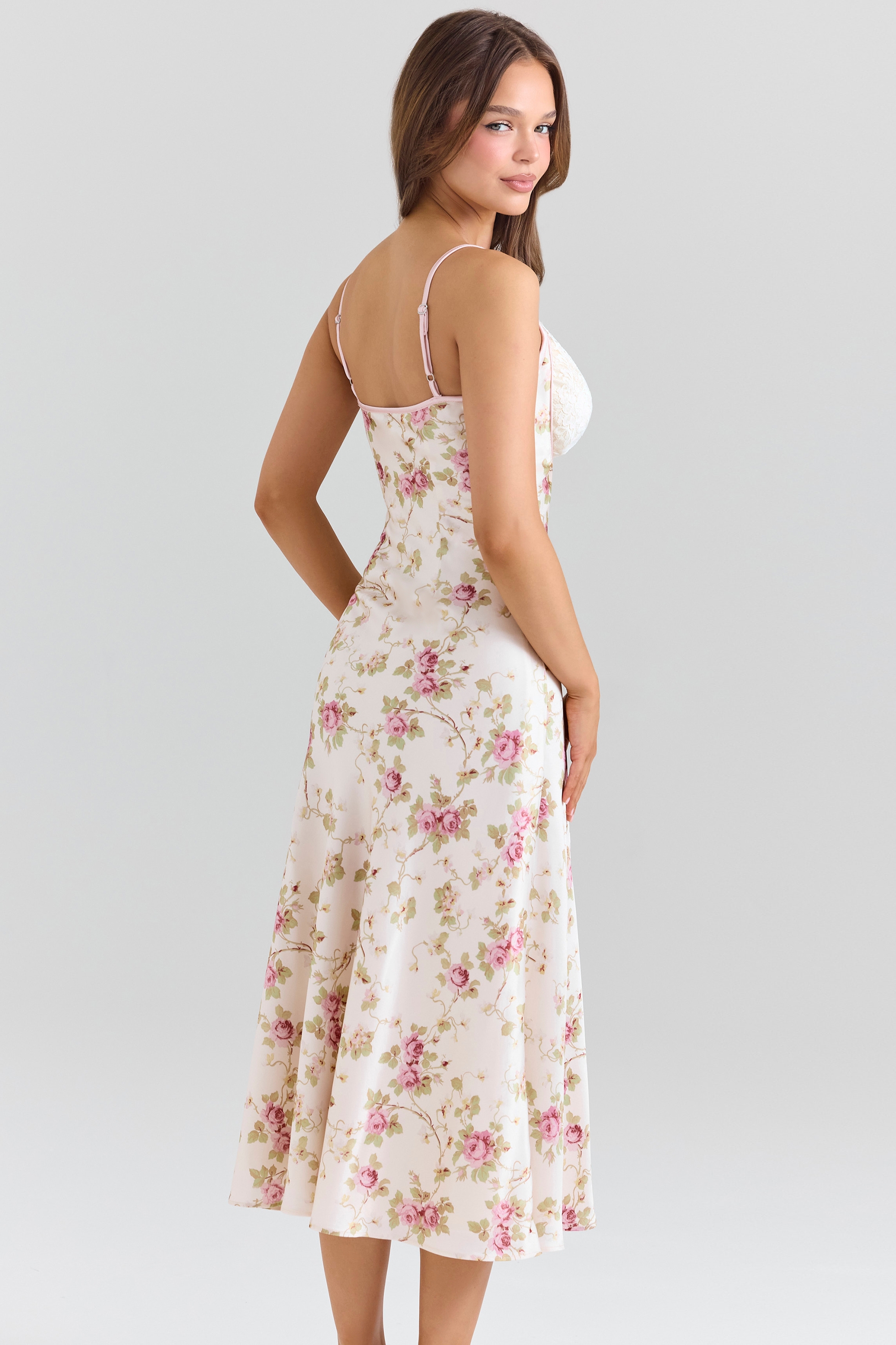 Felicity-Ivory Floral Print Satin Bias Cut Midi Dress