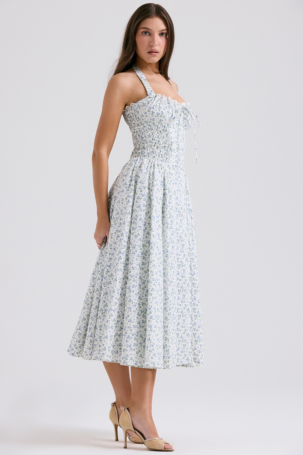 Adabella-White Bluebell Print Cotton Halter Sundress
