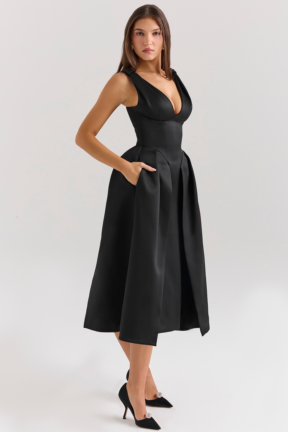 Paloma-Black Satin Twist Strap Midi Dress - SALE