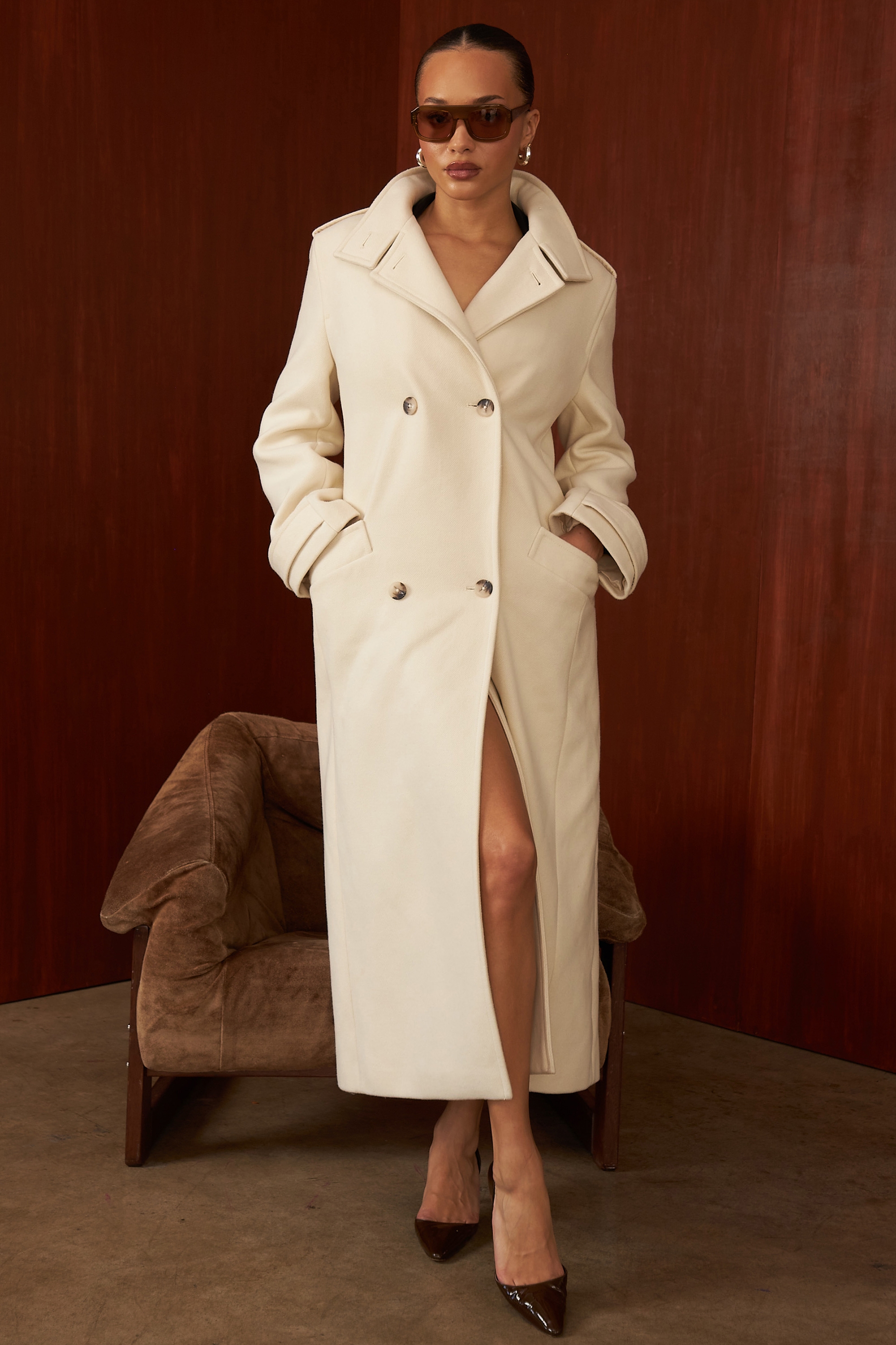 Sander-Cream Double Breasted Funnel Neck Coat