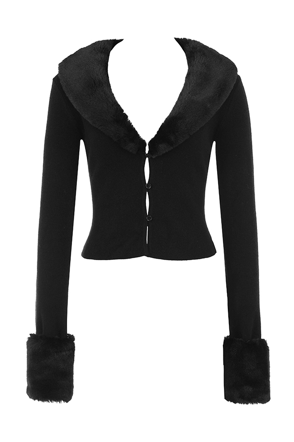 Blanche-Black Faux Fur Trim Cardigan - SALE